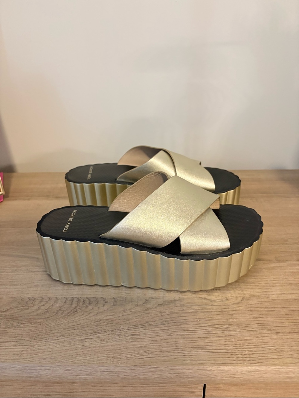 Tory Burch Gold Platform Slide Sandals - Women's Metallic Crisscross Slideshows